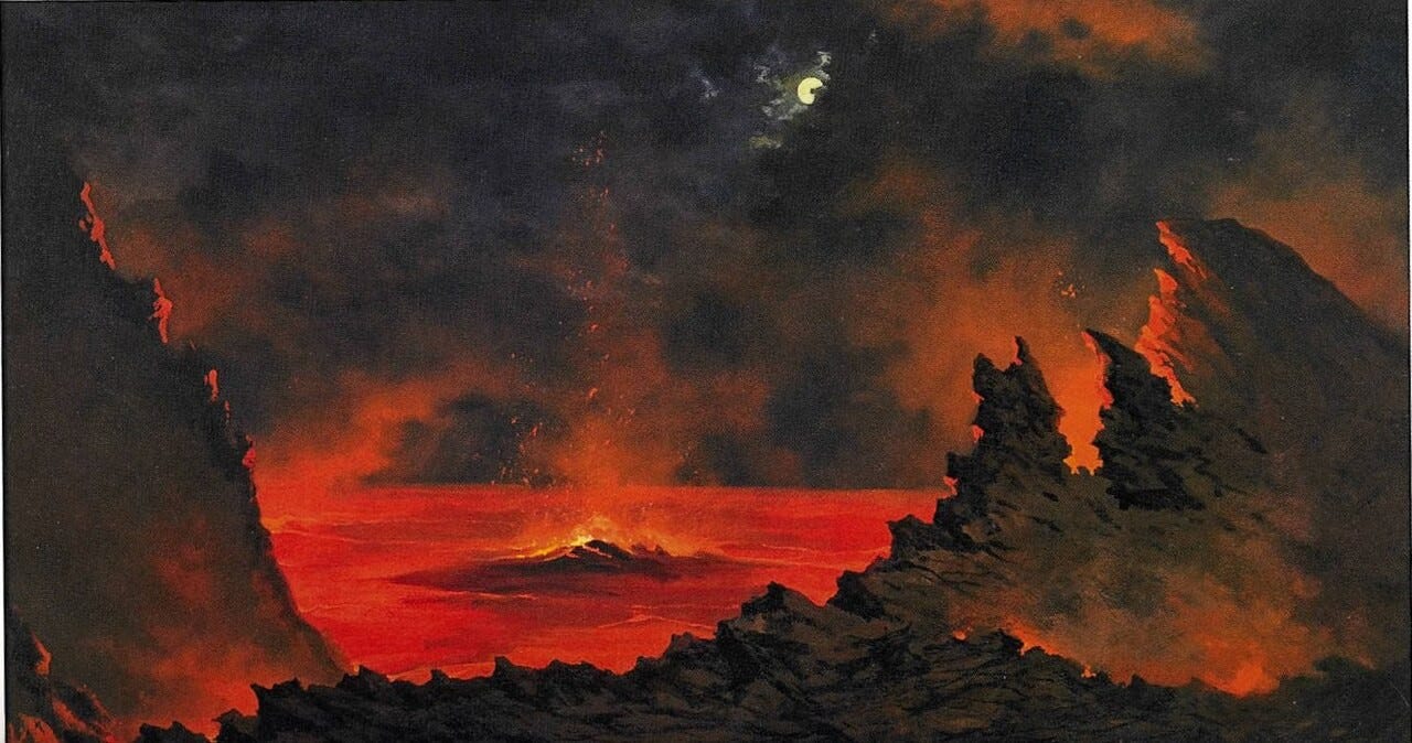 Tavernier's Volcano at Night: a glowing red crater with steam rising under a dark sky Tavernier's Volcano at Night: a glowing red crater with steam rising under a dark sky