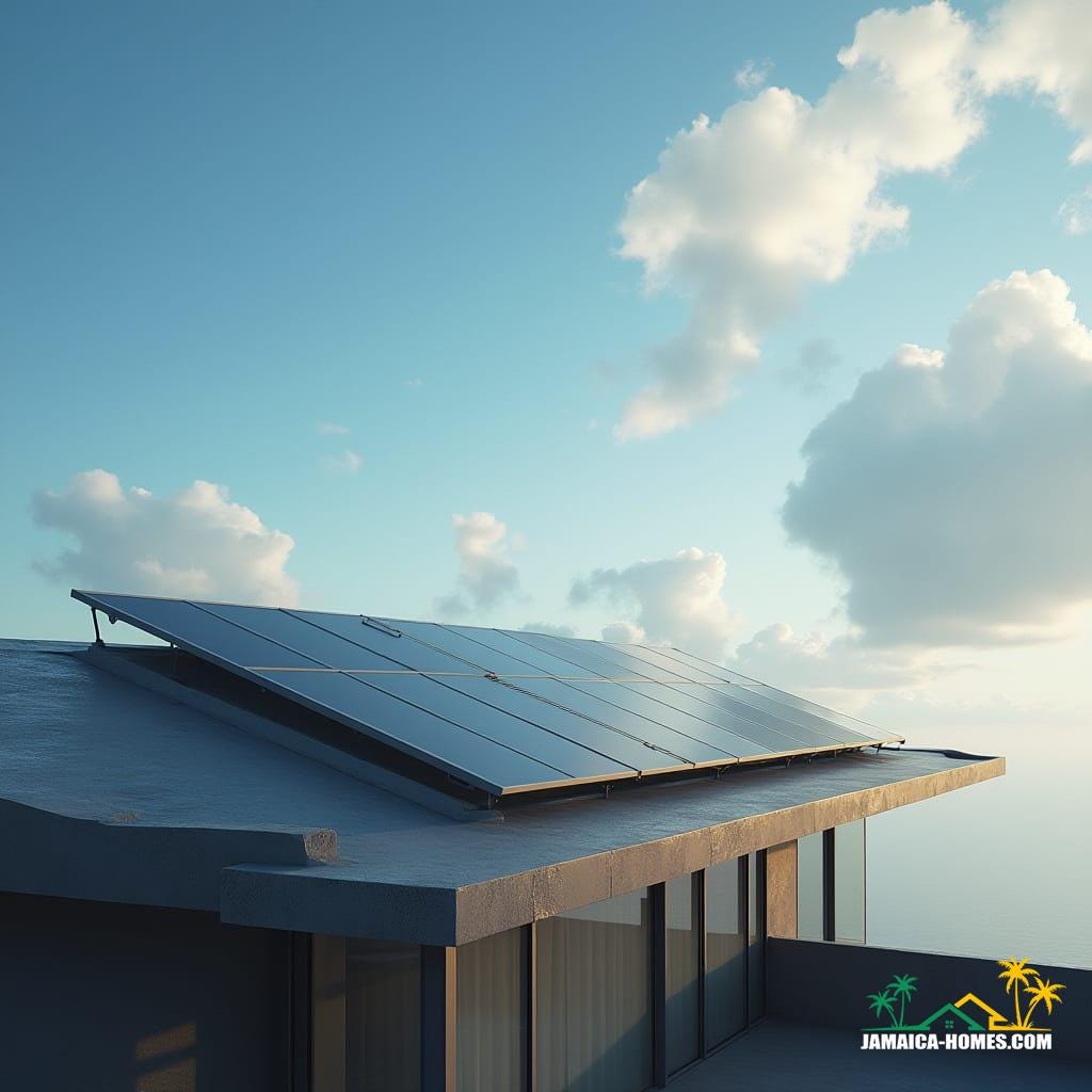 A sleek, modern home with minimalist architecture, showcasing a seamless integration of solar panels on its rooftop, against a brilliant blue sky with puffy white clouds. The panels' dark, metallic surface reflects the warm sunlight, creating a sense of depth and dimensionality. Shot in a cinematic style, reminiscent of works by Emmanuel Lubezki, Roger Deakins, and Hoyte van Hoytema, with a mix of film grain, subtle vignette, and careful color grading, evoking a sense of drama and atmosphere. The image should convey a sense of serenity and innovation, blending the boundaries between technology and nature.