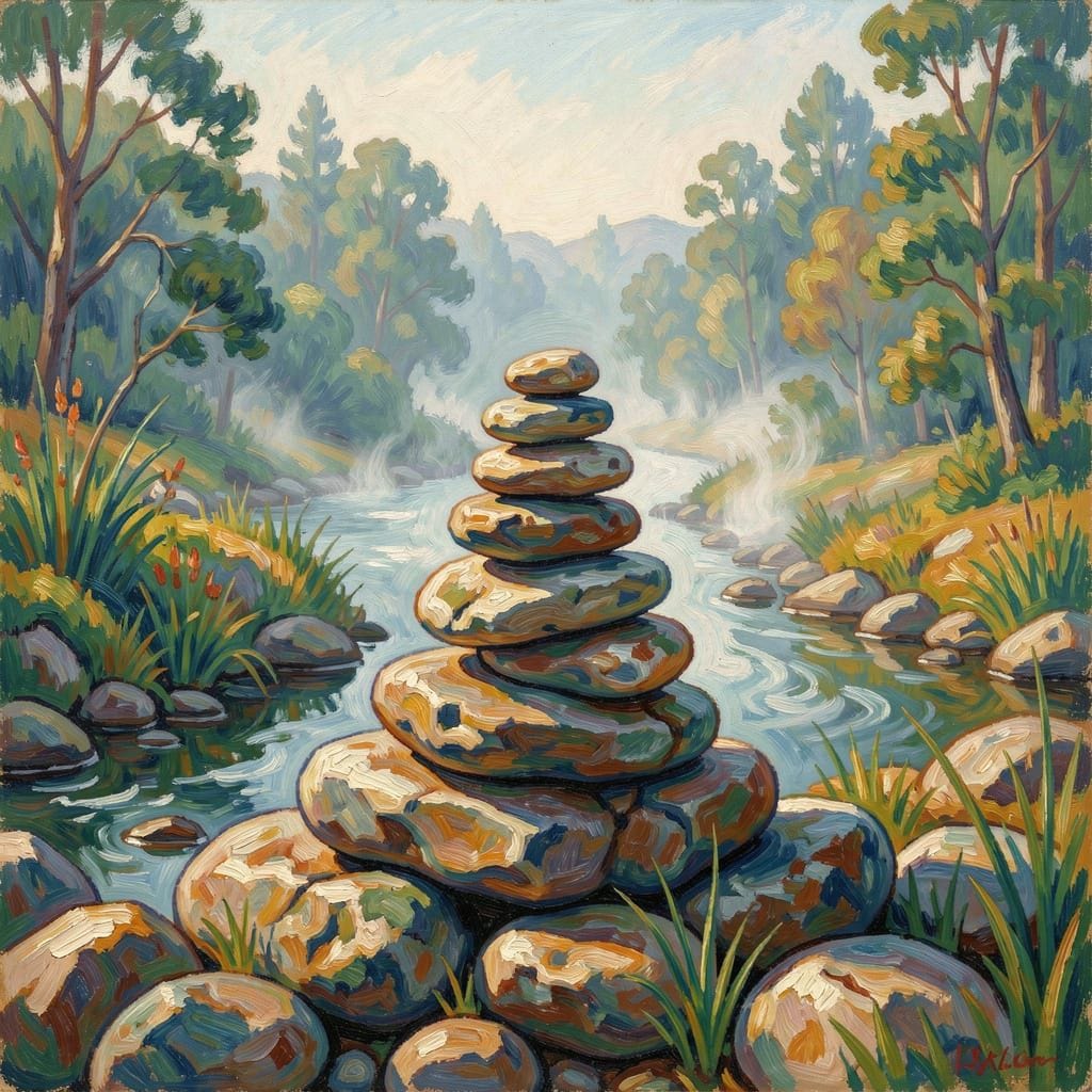 A serene landscape featuring smooth, river-worn stones arranged in a balanced cairn, with a gentle mist rising from a hi... A serene landscape featuring smooth, river-worn stones arranged in a balanced cairn, with a gentle mist rising from a hi...