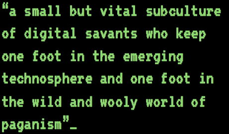 Erik Davis: "a small but vital subculture of digital savants that keep one foot in the technosphere and one foot in the wild and wooly world of paganism."