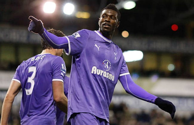 WEST BROMWICH, ENGLAND - NOVEMBER 26: Emmanuel Adebayor celebrates his goal during the Barclays Premier League match between West Bromwich Albion and Tottenham Hotspur at The Hawthorns on November 26, 2011 in West Bromwich, England. (Photo by Tom Dulat/Getty Images) WEST BROMWICH, ENGLAND - NOVEMBER 26: Emmanuel Adebayor celebrates his goal during the Barclays Premier League match between West Bromwich Albion and Tottenham Hotspur at The Hawthorns on November 26, 2011 in West Bromwich, England. (Photo by Tom Dulat/Getty Images)