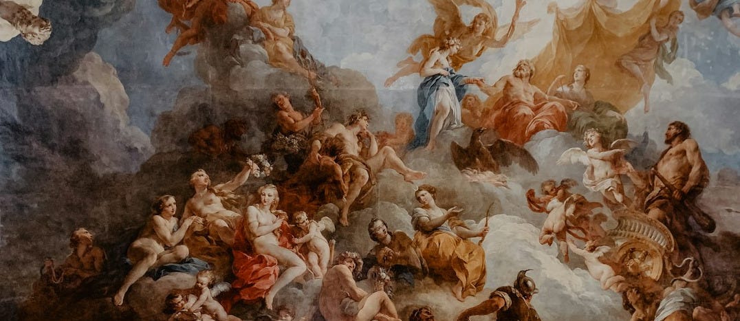 a painting on the ceiling of a building a painting on the ceiling of a building