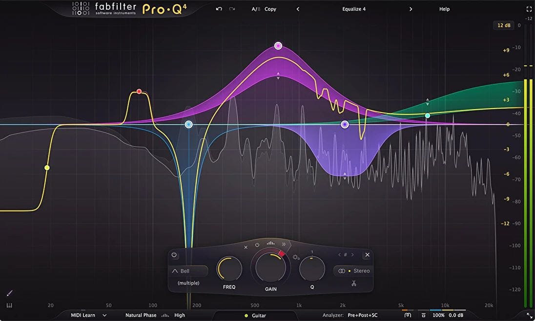 The FabFilter Pro-Q 4 with multiple bands set up and audio passing through.