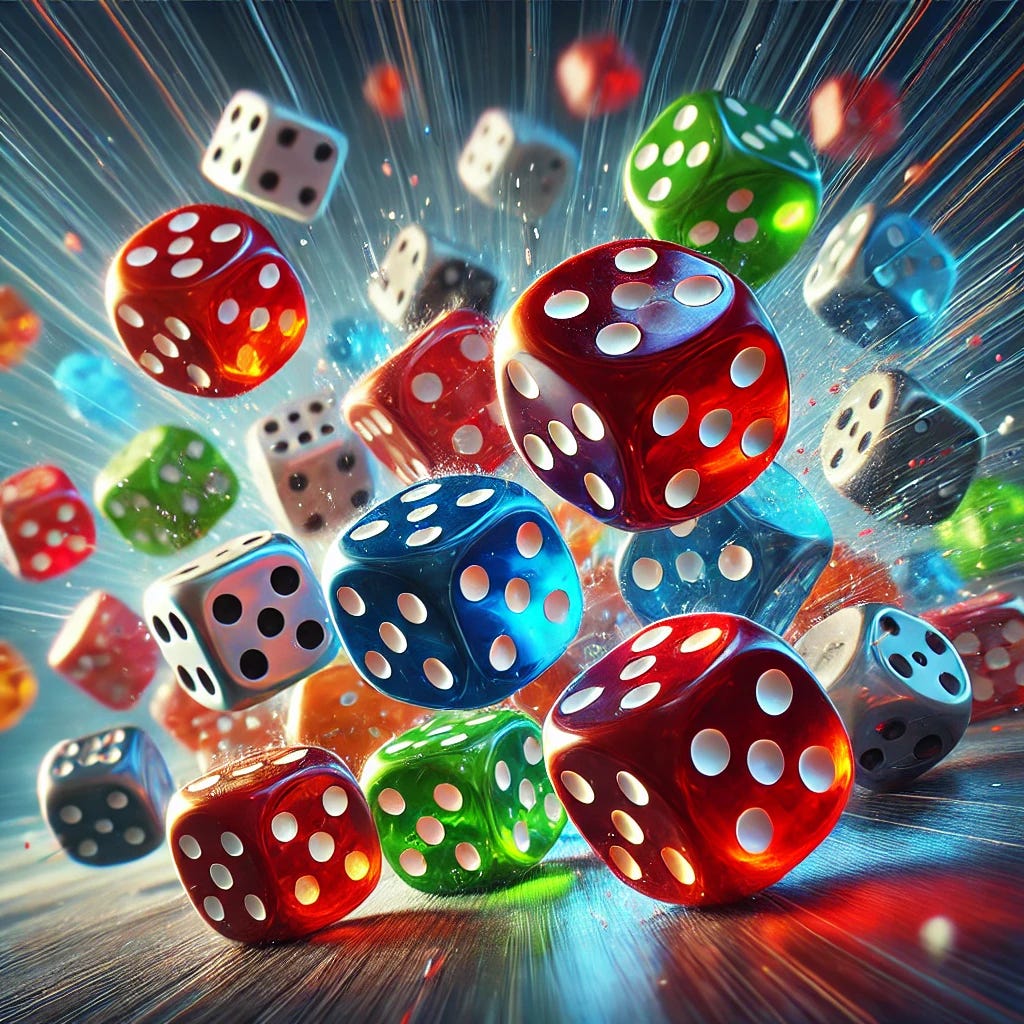 A detailed and realistic illustration of several colorful six-sided dice in mid-air, captured as if in slow motion. The dice are tumbling and rotating, with motion blur trails behind them. They are glossy and vibrant, featuring various colors like red, blue, green, and yellow, with sharp white pips. The background is slightly blurred to emphasize the action and the dice are lit dramatically to enhance their shine and dynamic movement. The style is highly realistic with crisp detail.