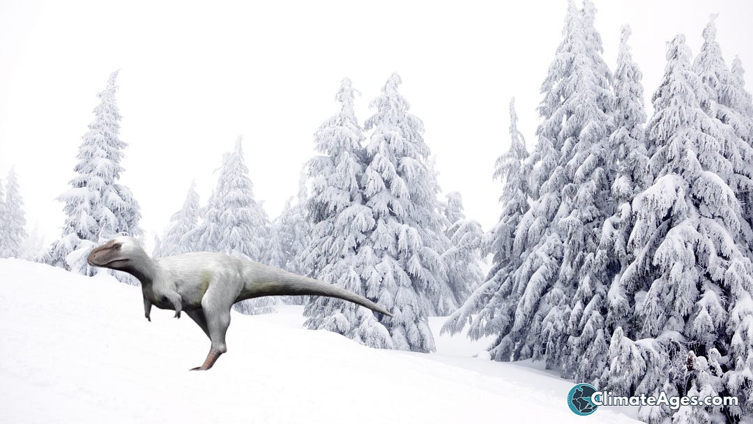 Illustration of a dinosaur standing in a snowy forest of conifer trees, representing dinosaurs living in high-latitude polar environments with cold, seasonal conditions.