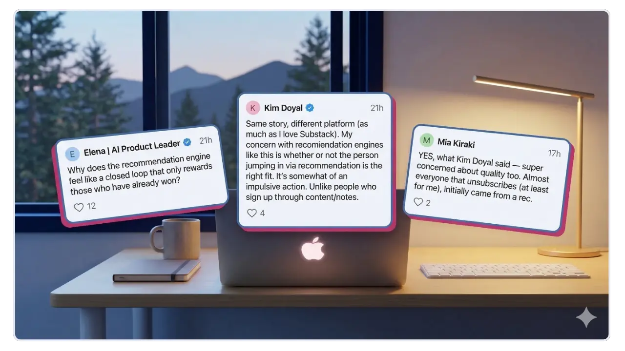 Screenshot of Substack Notes thread showing Kim Doyal's comment about recommendation engine quality alongside replies from Elena and Mia Kiraki