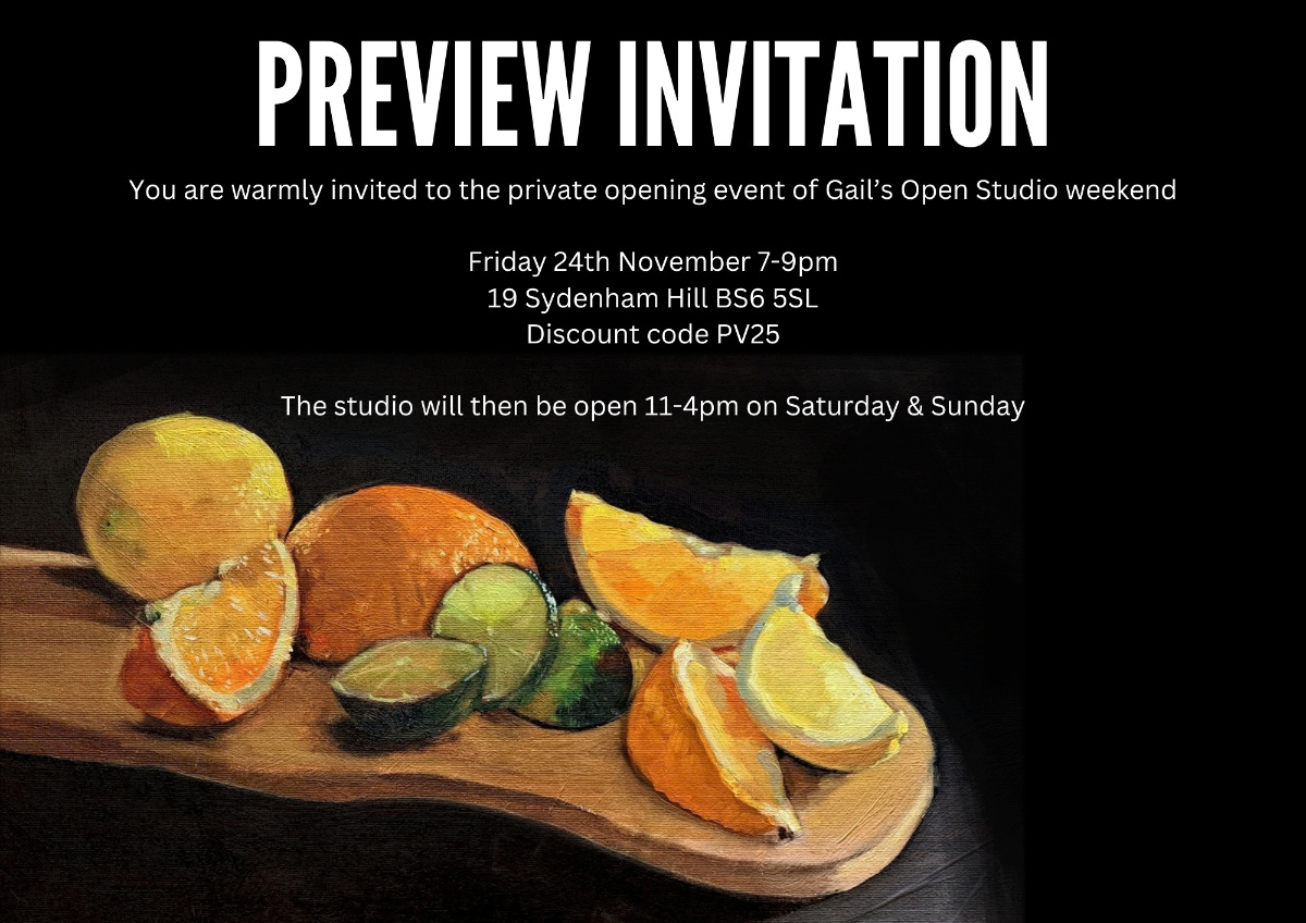 A painting of citrus fruit, with text invitation