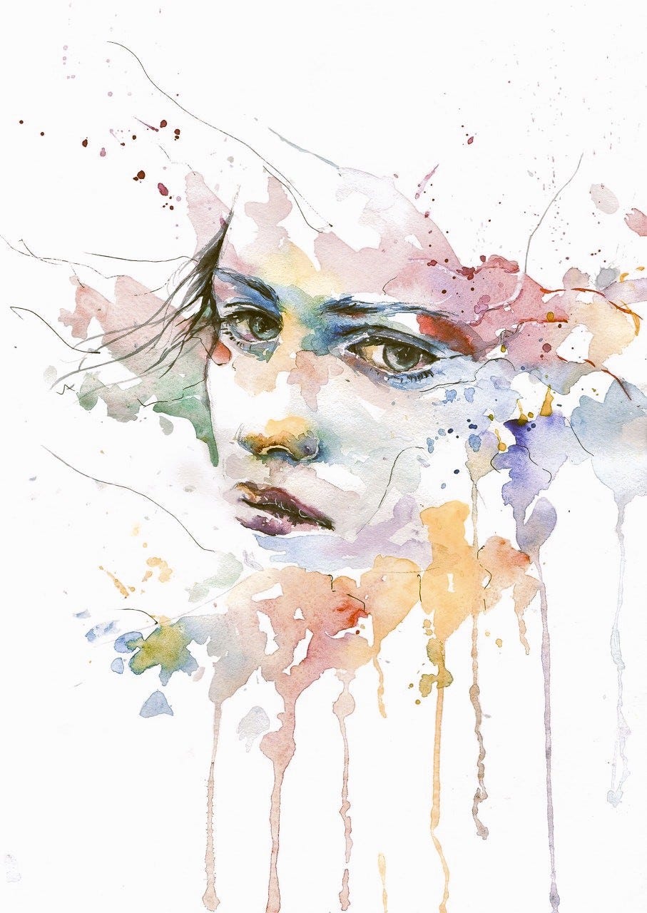 artistic watercolor of girl's face with colors streaming down the page. artistic watercolor of girl's face with colors streaming down the page.