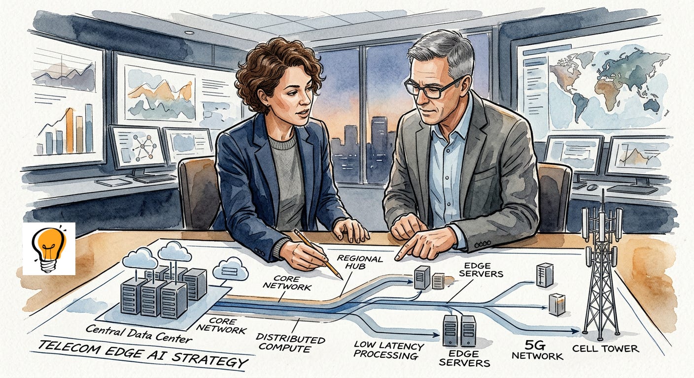 Watercolor illustration of telco engineers discussing an edge AI strategy blueprint