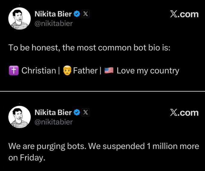 Screenshot of two tweets by Nikita Bier on X.com. First tweet states To be honest the most common bot bio is with purple Christian square emoji yellow Father square emoji blue American flag emoji and text Love my country. Second tweet states Were purging bots. We suspended 1 million more on Friday.
