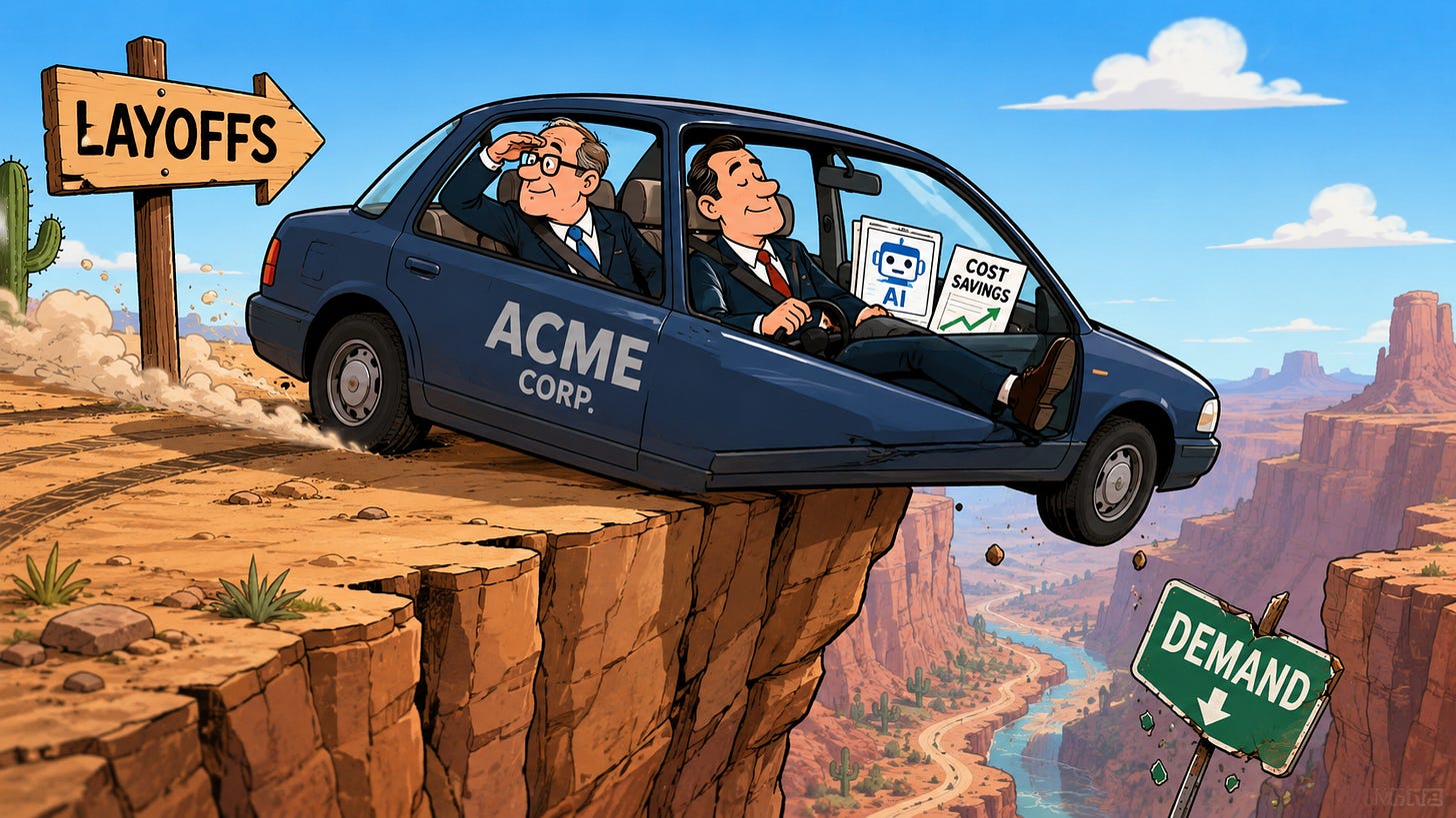 Cartoon executives drive a corporate car toward a cliff while celebrating AI cost savings as consumer demand falls below.