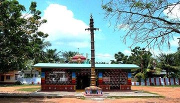 First image shows a traditional temple building with green and red striped walls a tall ornate pillar in front surrounded by trees and a clear blue sky. Second image depicts a long concrete bridge spanning over a wide river with calm dark water and distant green banks under a hazy sky. Third image captures a riverside scene with several boats docked along the muddy bank trees and small buildings including a temple with a dome in the background and construction equipment nearby. Fourth image features a red and yellow bridge extending over flowing brown water with railings people on motorcycles crossing and green vegetation on the sides.
