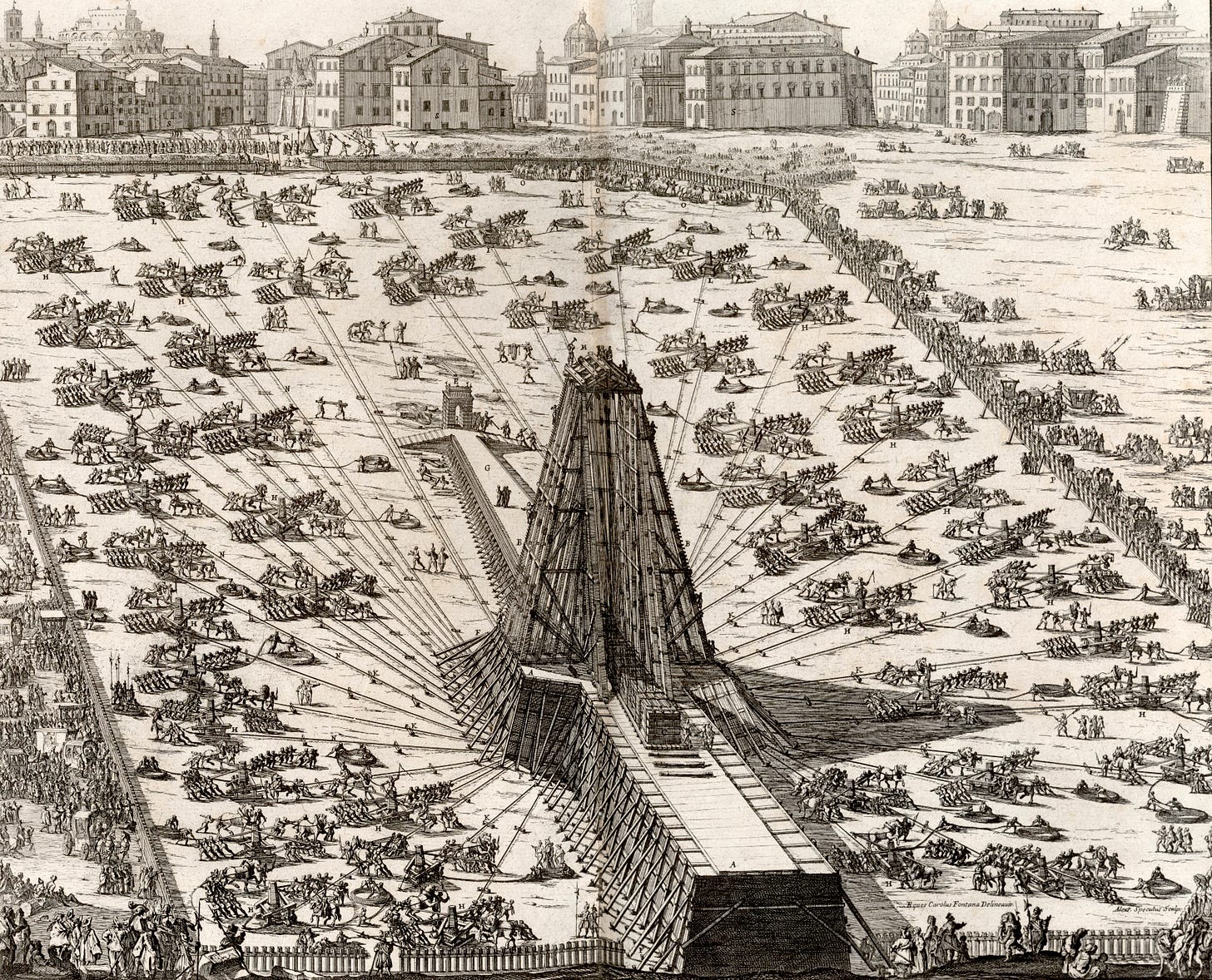 Proposal to move St. Peter’s Obelisk published by Domenico Fontana in 1585. The project required 900 workers, 140 horses and 56,000 pounds of rope and wood. Image in the public domain.