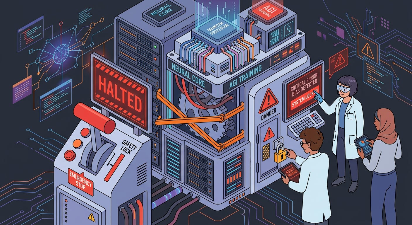 Flat isometric illustration of a futuristic AI development machine being deliberately slowed down by a large red emergency brake, engineers standing beside it inspecting warning screens and security locks, glowing network diagrams in the background, deep charcoal background, clean vector art style, bold red and orange accents, modern AI safety editorial aesthetic Flat isometric illustration of a futuristic AI development machine being deliberately slowed down by a large red emergency brake, engineers standing beside it inspecting warning screens and security locks, glowing network diagrams in the background, deep charcoal background, clean vector art style, bold red and orange accents, modern AI safety editorial aesthetic