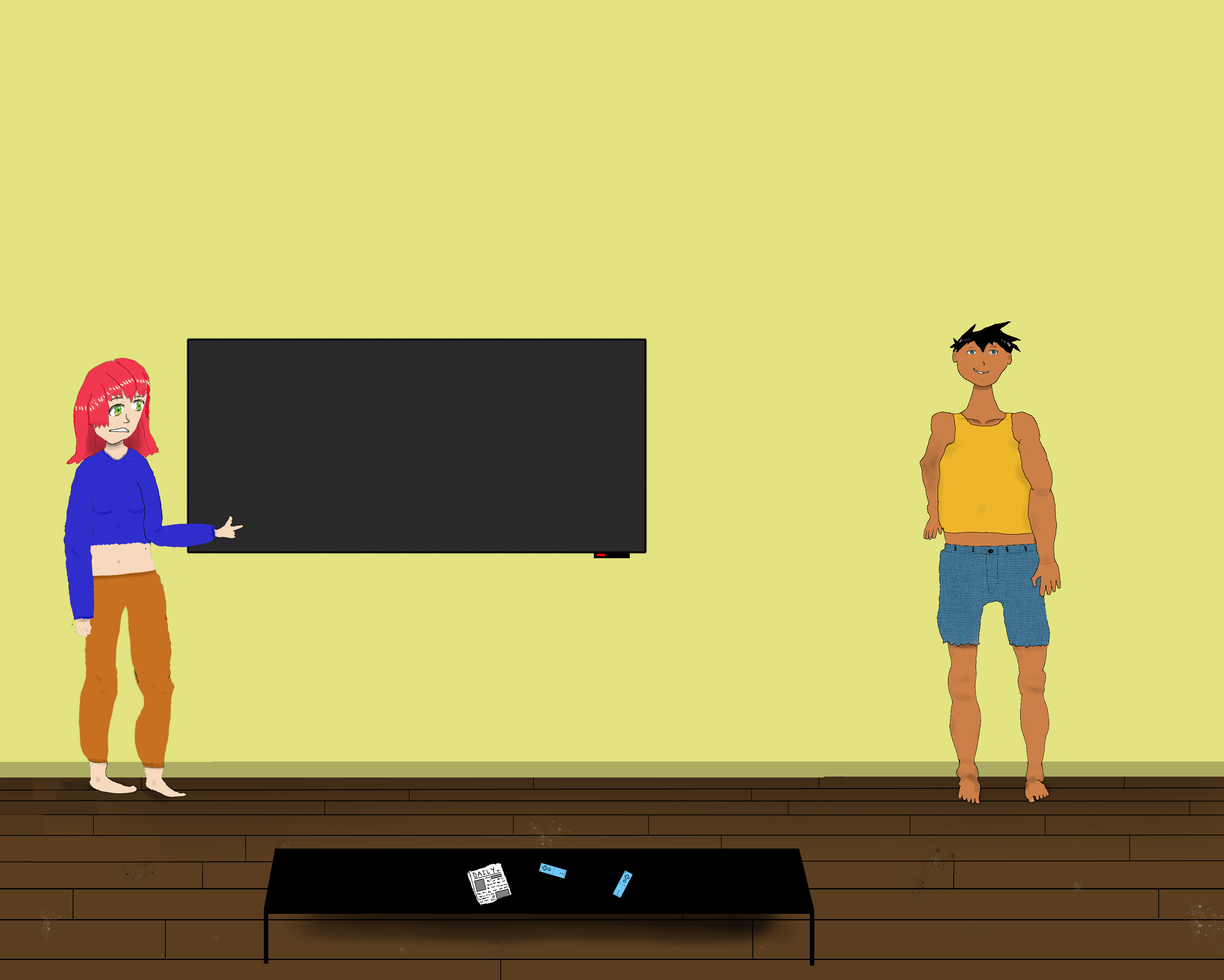 A woman looking distraught and pointing right. A man trying to play it cool. The room is messy and has a TV. A woman looking distraught and pointing right. A man trying to play it cool. The room is messy and has a TV.