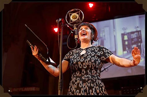 photos of people in 1940's costumes onstage with with microphones