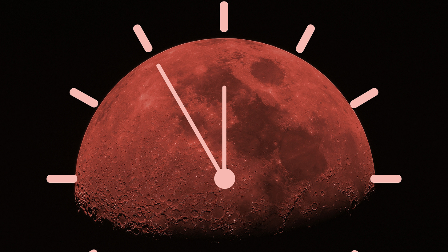 graphic showing close up blood red moon during total lunar eclipse. there is a vector graphic of a clock face overlaid on top. graphic showing close up blood red moon during total lunar eclipse. there is a vector graphic of a clock face overlaid on top.