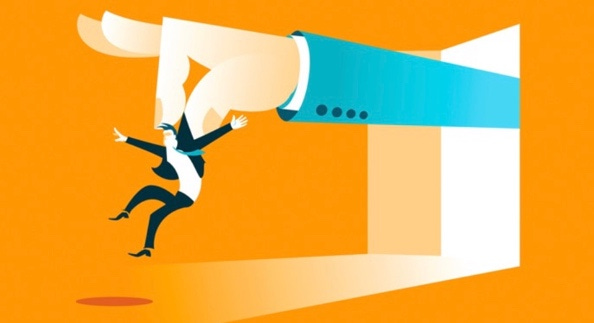 A cartoon of a person being held by a giant hand

Description automatically generated
