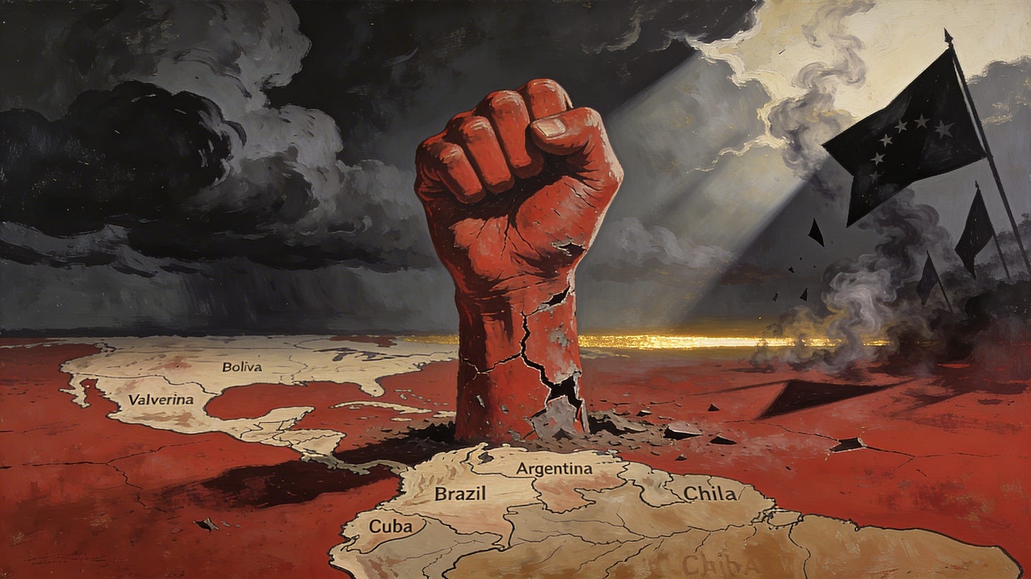 Ilustración política dramática para artículo sobre la izquierda latinoamericana y el auge de la ultraderecha