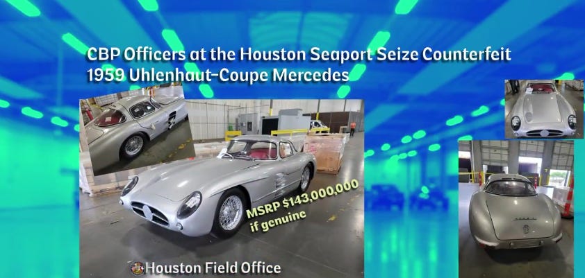 CBP Agents say what appeared to be an extremely rare 1955 Mercedes-Benz 300 SLR “Uhlenhaut-Coupé that entered the US via the Houston Seaport was an elaborate counterfeit of the real thing.