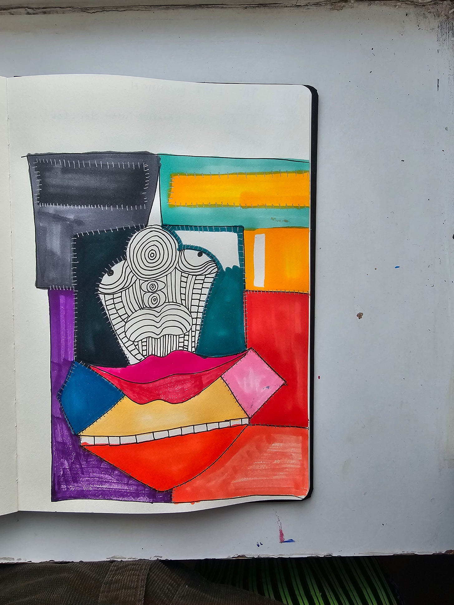 Abstract geometric composition with handwritten note about AGI and central white silhouette void, titled “The Last Invention,” by FatbikeHero.