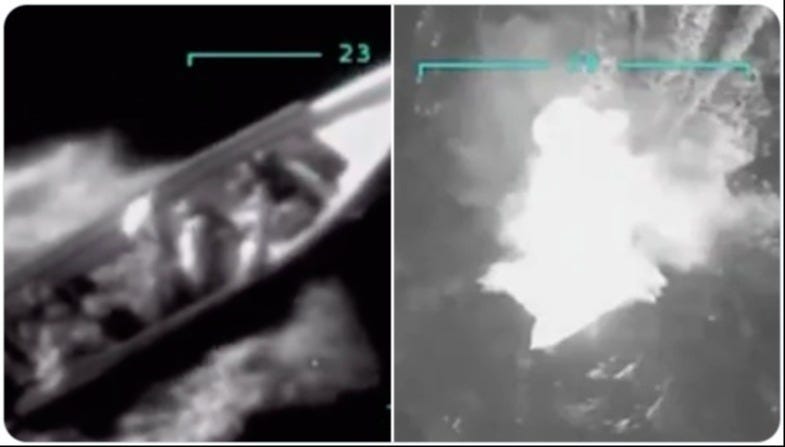 On September 2, 2025, President Trump & The Department of Defense released a video of the destruction of a small smuggling boat, killing eleven people aboard. (US Dept. of Defense photos) On September 2, 2025, President Trump & The Department of Defense released a video of the destruction of a small smuggling boat, killing eleven people aboard. (US Dept. of Defense photos)