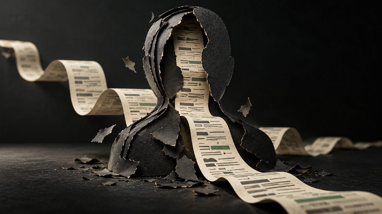 Conceptual illustration of a hollow charcoal-paper persona peeling apart around a continuous archival paper trail.