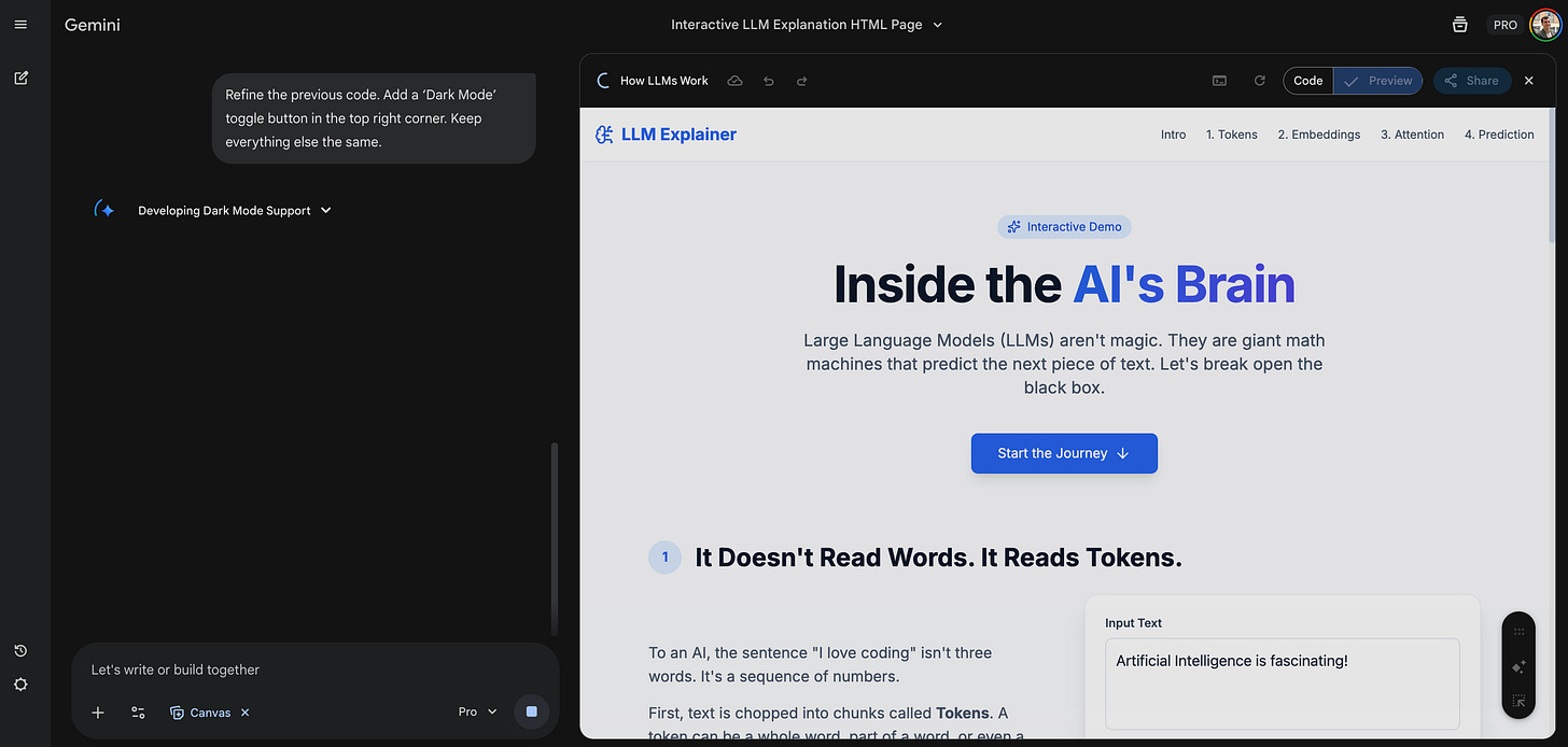 Gemini chat interface showing the prompt to add a "Dark Mode" toggle and the resulting code generation.