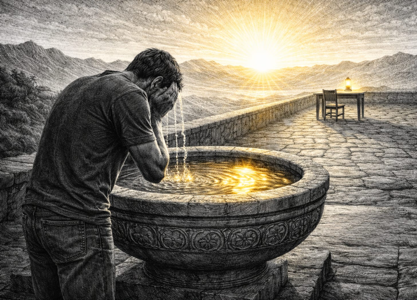 Black-and-white fine-line terrace scene at dawn, a man pausing at a stone basin to wash his hands before sitting at a nearby desk with an untouched notebook, the basin and sunrise carrying a restrained warm gold light.