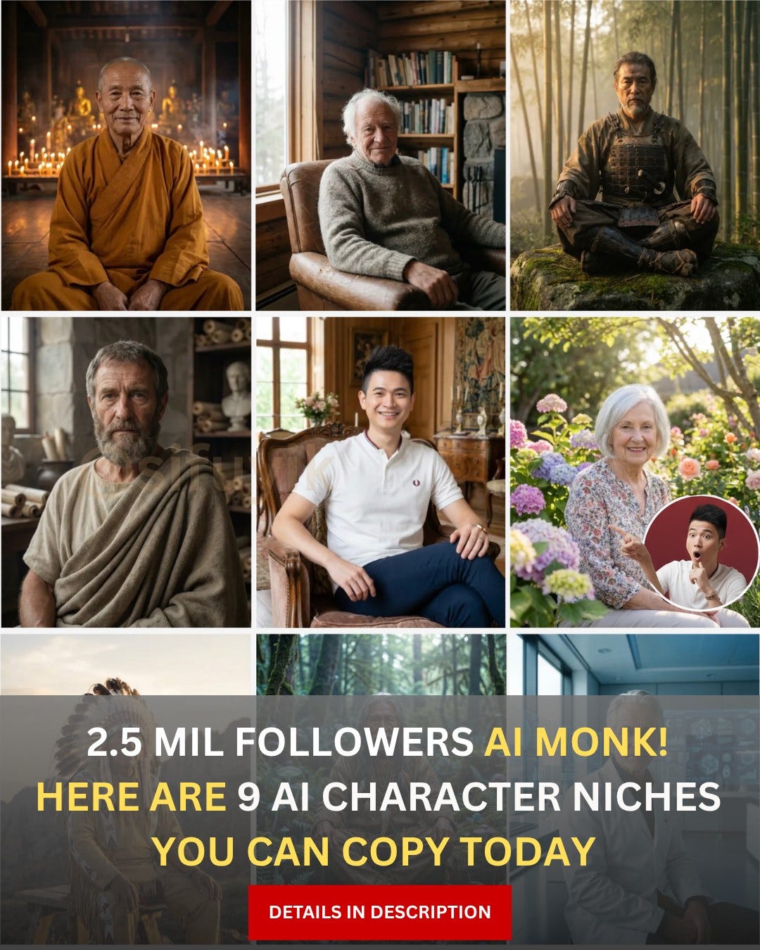 May be a graphic of text that says '2.5 MIL FOLLOWERS Al AI MONK! HERE ARE 9 A CHARACTER NICHES YOU CAN COPY TODAY DETAILS IN DESCRIPTION'