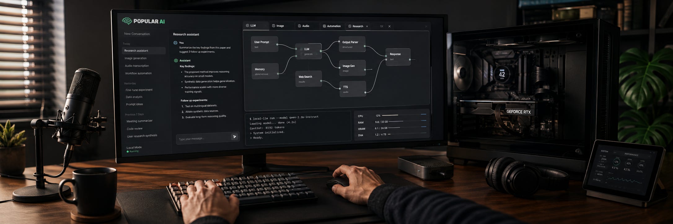 Local AI workstation with a desktop GPU computer and monitor showing AI tools and workflows Local AI workstation with a desktop GPU computer and monitor showing AI tools and workflows