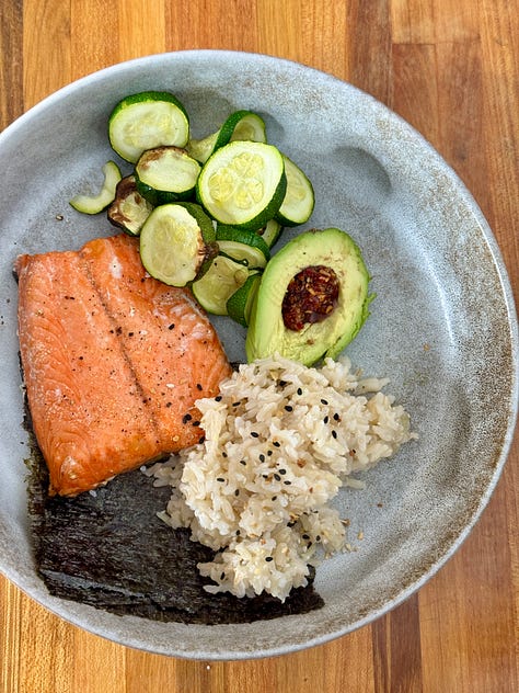 stir fry, salmon hand rolls, quinoa bowl