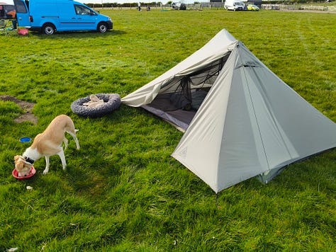 Photo 1 is of the Cumbrian hills, the second is of my tent in the field and the third is the view from inside my tent looking at my dog.
