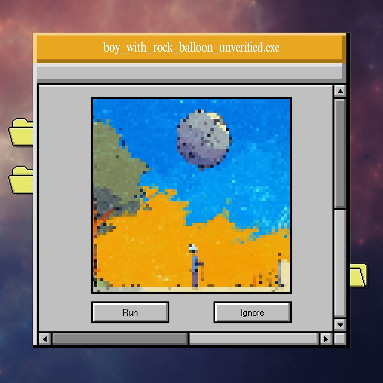 Pixelated graphic style mimicking an old 1990s computer operating system window titled "boy_with_rock_balloon_unverified.exe." Inside the window is a heavily pixelated, low-resolution square illustration of a blue sky, an orange landscape, a small stylized figure, and a gray sphere floating above. Below the image are two retro gray command buttons labeled "Run" and "Ignore."