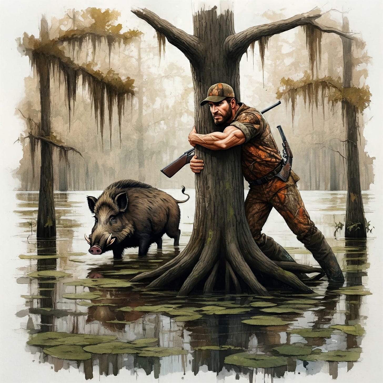Image of a hunter trying to escape a wild boar Image of a hunter trying to escape a wild boar