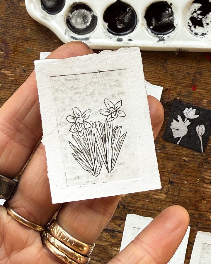 black and white hellabore, daffodil, bluebells, trillium