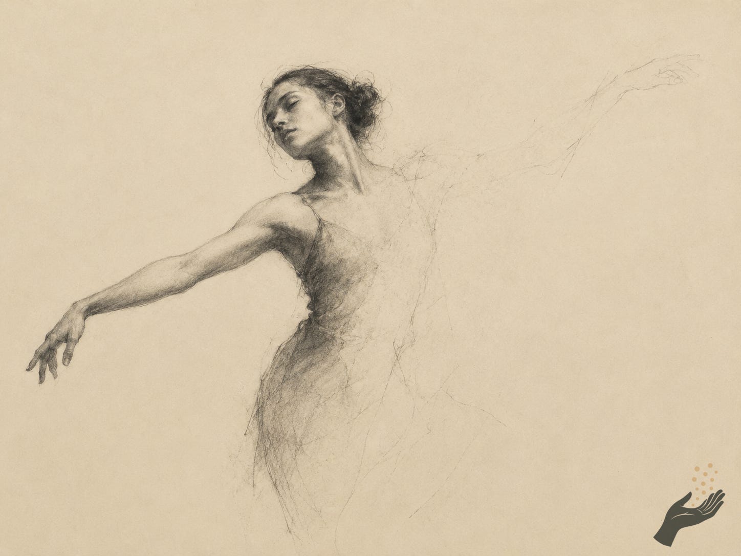 Sparse graphite and charcoal drawing on cream paper of a dancer in a modern pose, with one side of the body rendered clearly while the rest fades into unfinished marks.