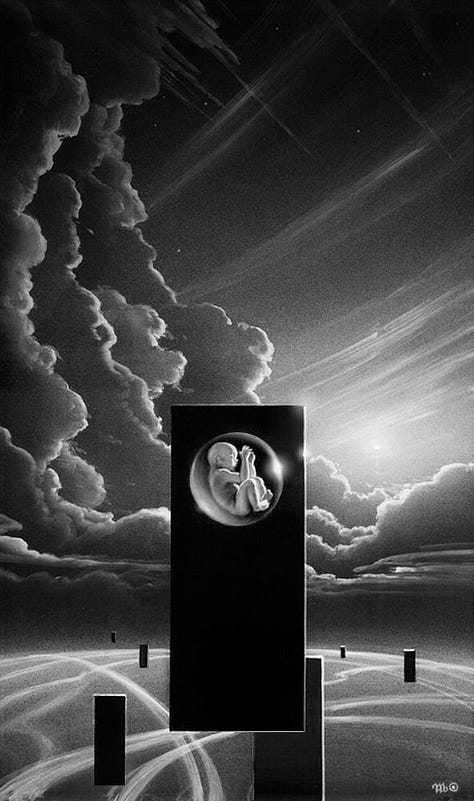 LEFT: Alternative B&W preliminary concept for 2061 featuring a series of black monoliths floating above a planetary surface swept with criss-crossing contrails. The most prominent monolith features a baby fetus gestating inside a bubble. Behind it are billowing clouds. RIGHT: Detail and tighter zoom from 2061 featuring a ghostly astronaut stepping out of a black monolith set with the faceplate of HAL9000 over his shoulder.