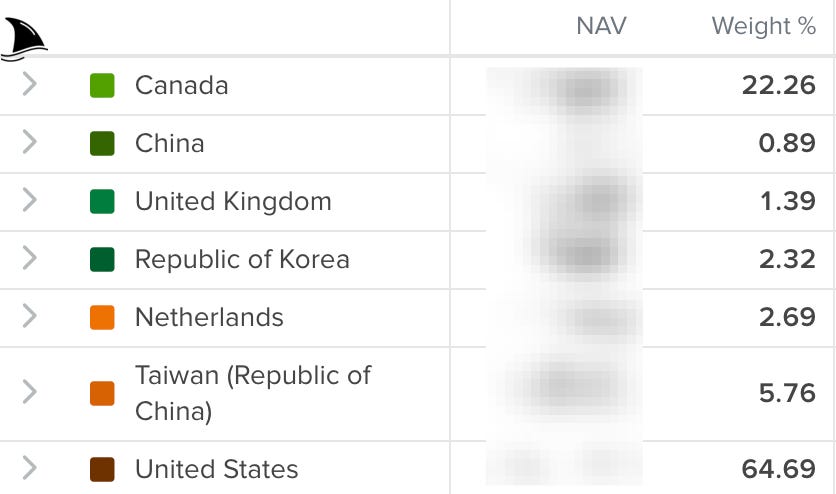 Portfolio geographic exposure chart early 2026 showing U.S. dominance at 65 percent with growing allocations to Canada, Europe and Asia.