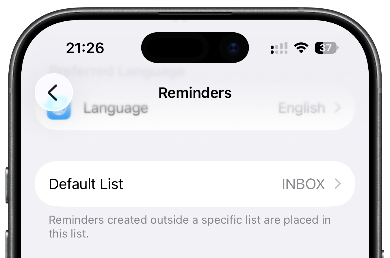 Set Apple Reminders default list to inbox in iphone settings.