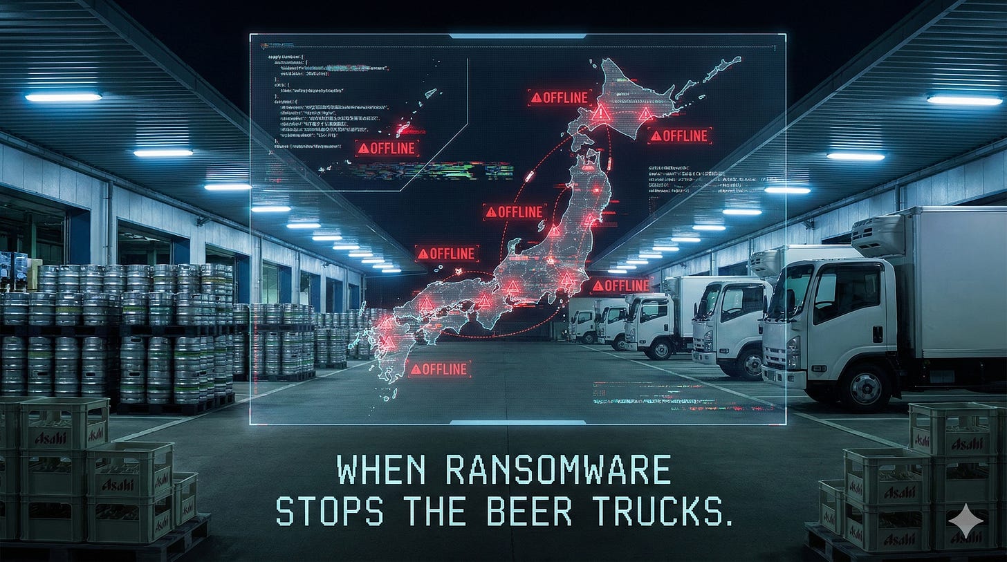 Digital map of Japan hovering over a stalled beer warehouse, with red offline icons suggesting a cyberattack on logistics.