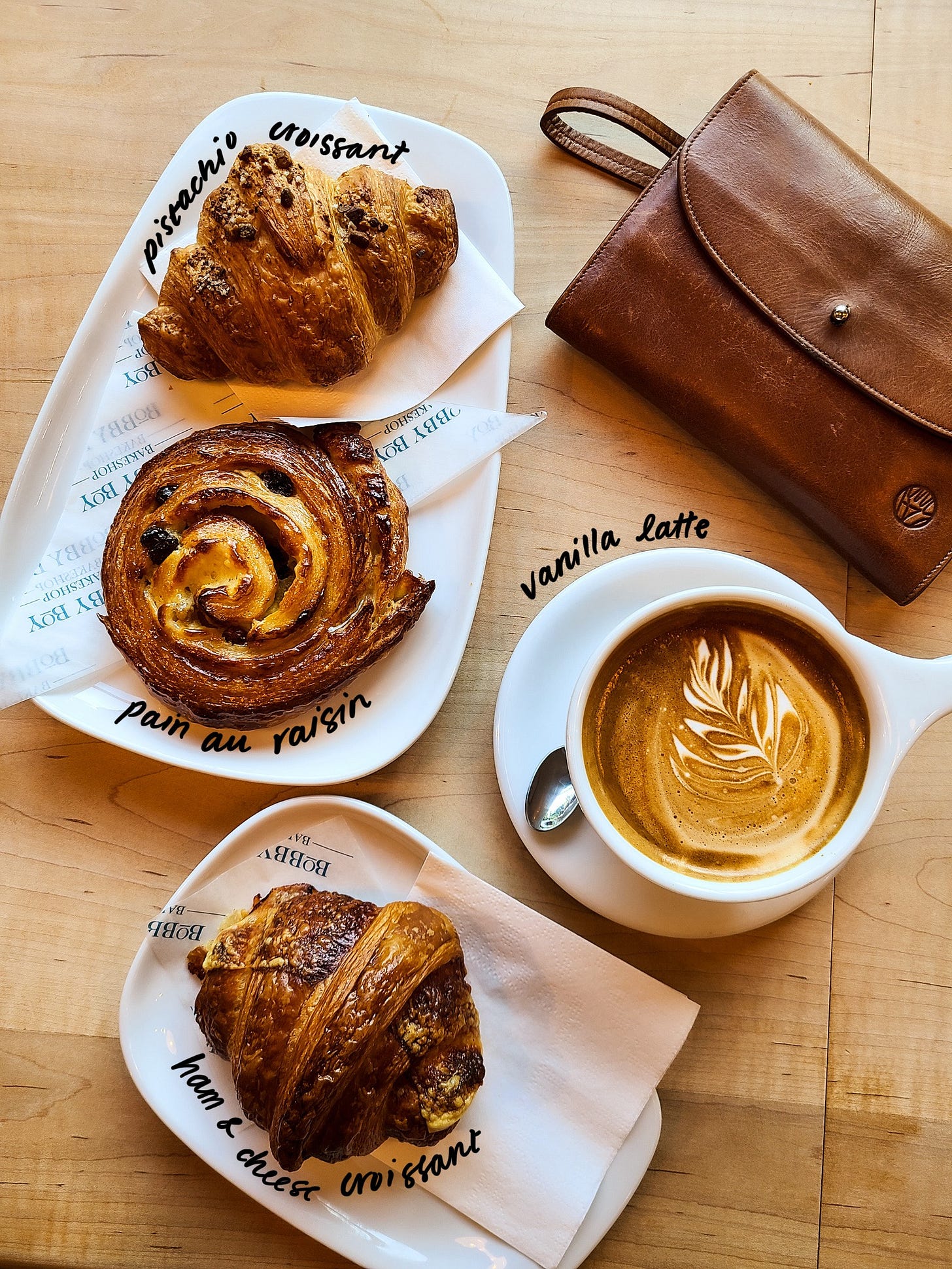 Bobby Boy Bakeshop Pistachio Croissant, Pain au Raisin, Ham & Cheese Croissant, Vanilla Latte