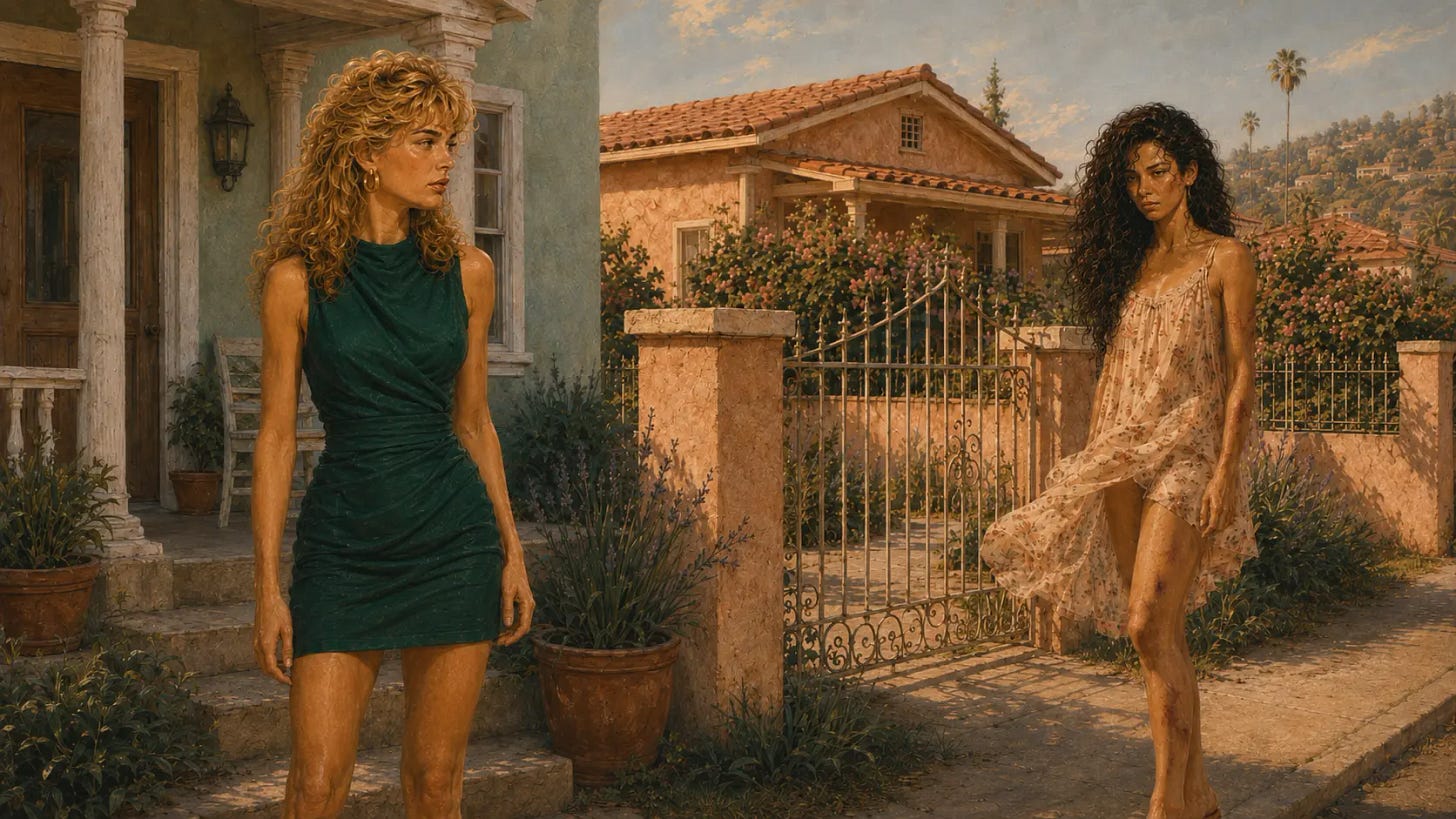 Carol watches from her porch as bruised Lucia stands by the gate in a light floral dress, the two women locked in a tense stare.