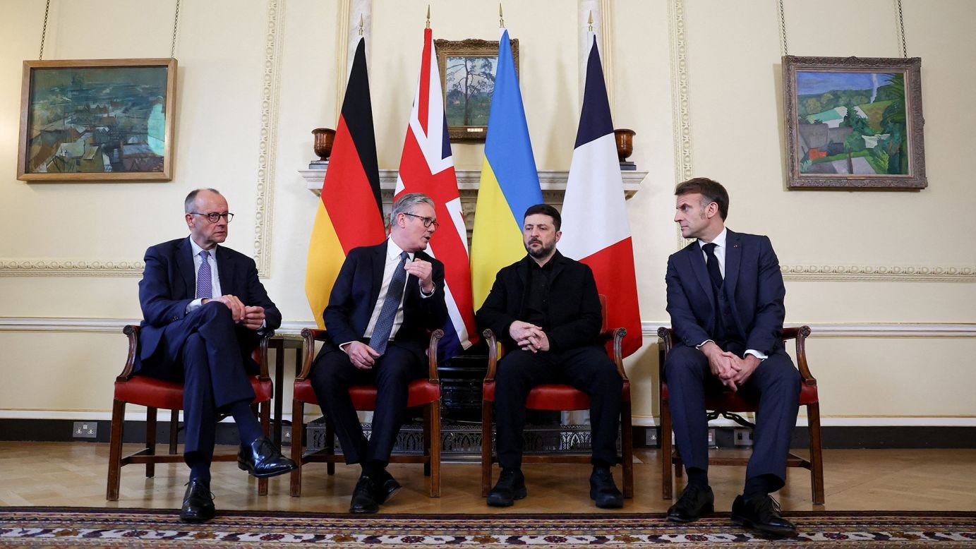 Left to right: German Chancellor Friedrich Merz, British Prime Minister Keir Starmer, Ukrainian President Volodymyr Zelensky, and French President Emmanuel Macron meet at 10 Downing Street, in London, England, on Monday. Left to right: German Chancellor Friedrich Merz, British Prime Minister Keir Starmer, Ukrainian President Volodymyr Zelensky, and French President Emmanuel Macron meet at 10 Downing Street, in London, England, on Monday.