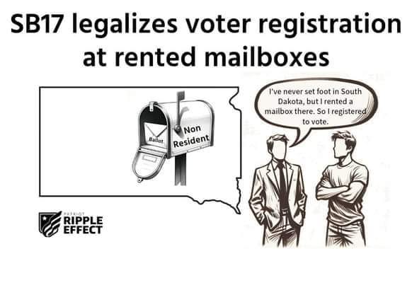 May be an image of text that says 'SB17 legalizes voter registration at rented mailboxes I've never set foot in South Dakota, but rented mailbox there, So registered to vote. Non aliag Resident RIPPLE RታまOす EFFECT' May be an image of text that says 'SB17 legalizes voter registration at rented mailboxes I've never set foot in South Dakota, but rented mailbox there, So registered to vote. Non aliag Resident RIPPLE RታまOす EFFECT'