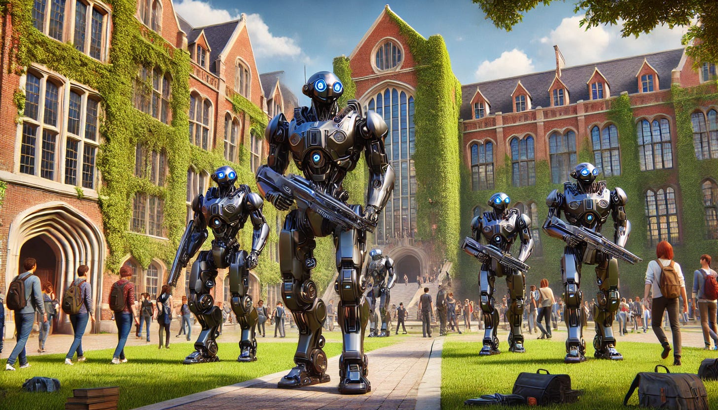 A group of heavily armed robots walking through a vibrant college campus. The robots have sleek, futuristic designs with metallic bodies, glowing eyes, and advanced weaponry attached to their arms. The background features university buildings with brick facades, large windows, and ivy-covered walls, along with green spaces, trees, and students walking in the distance. The atmosphere is more natural and lively, with a bright sky and an academic setting.