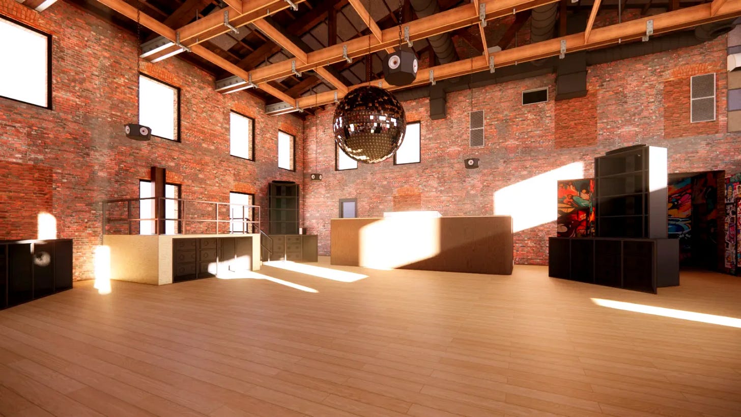 Dance floor at Refuge nightclub in Brooklyn with floating maple floor, custom REX sound system, and intimate 500-capacity space designed for NYC's legendary dance music culture