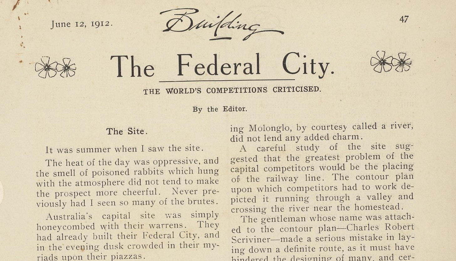 Page of a journal showing the beginning of an article called 'The Federal City' with a photo of several men examining the site