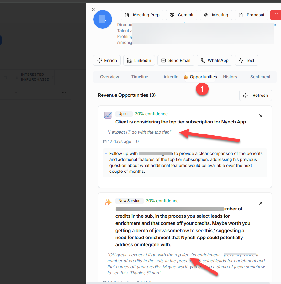 Contact detail view showing revenue opportunities with AI confidence scores