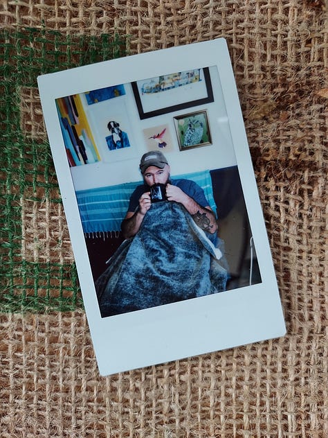 Instant photographs of coffee mugs or coffee drinking selfies by a bearded gentleman with a bald head.